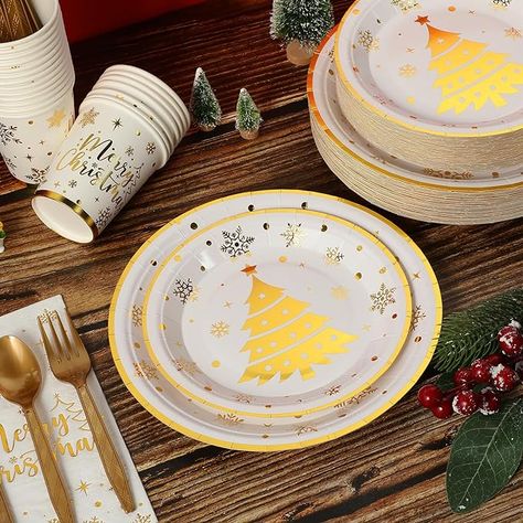 https://amzn.to/3GGuy4G Christmas Gold And White, Gold And White Party, Gold Disposable Plates, Holiday Party Decorations Christmas, Tree Plates, Xmas Party Decorations, Celebration Plate, Snowflake Table, Party Decorations Christmas