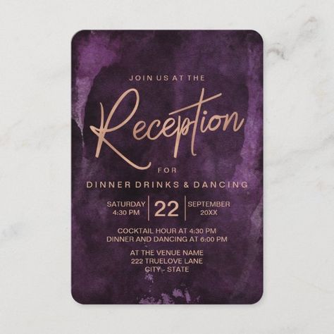 Dark Purple & Rose Gold Wedding Reception Invitation Rose Gold Wedding Reception, Dark Purple Wedding, Dark Purple Roses, Gold Wedding Reception, Purple And Gold Wedding, Wedding Reception Cards, Wedding Return Address Labels, Reception Invitation, Purple Wedding Cakes