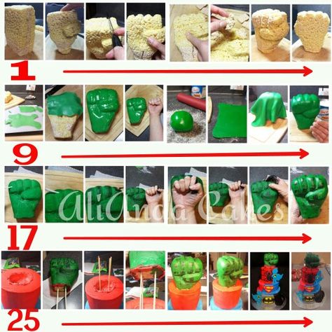 Hulk fist tutorial by AliAnda Cakes. Incredible Hulk Party, Bolo Hulk, Hulk Birthday Parties, Avengers Cake, Iron Man Birthday, Hulk Birthday, Avengers Party, Edible Crafts, Superhero Cake