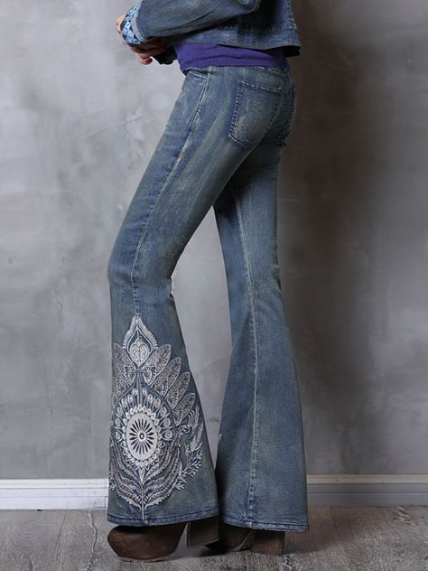 Mid Rise Embroidered Vintage Bell Bottoms Flare Jeans - Power Day Sale Flare Pants Boho, Feather Embroidery, Pants Boho, Linen Bottoms, Floral Shirt Dress, Blue Feather, Vintage Bell, Eclectic Fashion, Fashion Board