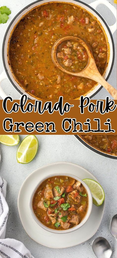 Colorado Pork Green Chili is one of the best forms of comfort food! This flavorful dish features tender chunks of pork simmered with spicy peppers to create a delicious and hearty stew. It is the perfect recipe to enjoy on a chilly winter evening or any time you crave a comforting bowl of stew! Pork Green Chili Sauce Recipe, Colorado Green Chili Stew, Colorado Green Chili Pork, Pork Belly Chili Recipe, Green Chili Stew With Pinto Beans, Authentic Green Chili Recipes, Pork Green Chili Stew With Potatoes, Green Chili Colorado Recipe, Green Chili Pork Soup