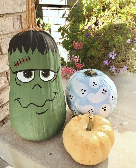 Hand painted pumpkins, ghost pumpkin, Frankenstein pumpkin, Halloween decorations, fall decorations, painted pumpkins, acrylic paint Pumpkin Painting Frankenstein, Pumpkin Porch, Pumpkin Painting Party, Frankenstein Pumpkin, Halloween Pumpkin Crafts, Creative Pumpkin Painting, Creative Pumpkin Decorating, Pumpkin Decorating Contest, Hand Painted Pumpkin