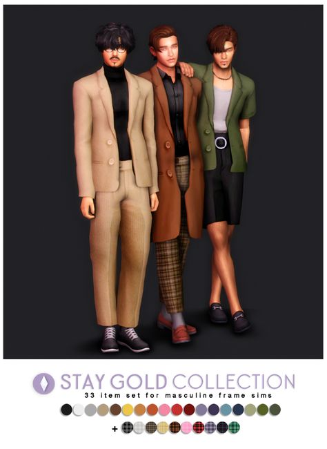 Stay Gold Collection Redux | nucrests on Patreon Ts4 Patreon, Masculine Clothing, Sims 4 Male Clothes, Sims Packs, Rich Clothes, Male Clothes, Sims 4 Mm, Sims 4 Characters, Sims4 Clothes