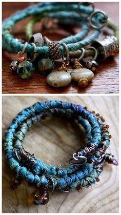 DIY Fabric Wrapped BraceletThis is an excellent fabric and bead... | TrueBlueMeAndYou: DIYs for Creative People | Bloglovin’ Rajasthani Jewellery, Stash Buster, Fabric Bracelets, Ribbon Jewelry, Fiber Jewelry, Jewelry Techniques, Textile Jewelry, Fabric Beads, Memory Wire