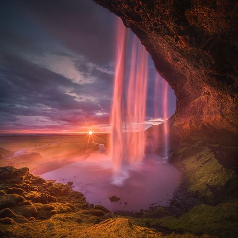 Waterfall Sunset, Sunset Waterfall, Water Pouring, Tapestry Ideas, Seljalandsfoss Waterfall, Dreamy Places, Iceland Waterfalls, Small Window, Beautiful Waterfalls