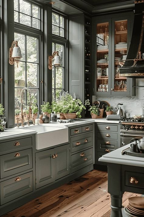 Dark Green Kitchen Ideas, Victorian Home Kitchen, Green Kitchen Inspiration, Green Shaker Kitchen, Green Kitchen Ideas, Dark Green Kitchen, Green Kitchen Decor, Sage Green Kitchen, Painted Kitchen Cabinets Colors