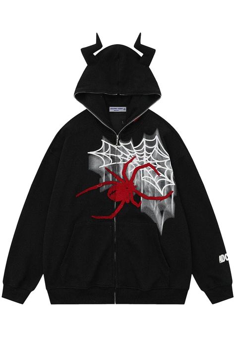 Dark Altcore Spider Web Horns Zipper Hoodie Unisex Spider Web Hoodie, Rave Aesthetic, Sweatshirt Jean Jacket, Tiktok Outfits, Women Cargo Pants, Aesthetic Streetwear, Women Cargos, Comfy Fashion, Zipper Hoodie