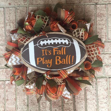 A personal favorite from my Etsy shop https://www.etsy.com/listing/537492672/its-fall-play-ball-fall-wreath-footbal Wooden Football, Mason Jar Door Hanger, Orange Sparkle, Fall Front Door Decor, Leaf Ribbon, Fall Deco Mesh Wreath, Fall Deco Mesh, Football Picks, Creative Wreaths