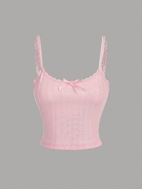 Cute Tank Top With Lace Patchwork Bow, Bachelorette Outfit, Pink Tank Top, Fall Outfit, Bow Top, Cute Tops For School, Back To School Top, Bow Shirt Pink    Knitted Fabric   Medium Stretch  Women Clothing, size features are:Bust: ,Length: ,Sleeve Length: Cute Tops For School, Tops For School, Pink Tank Top Outfit, Pink Tank Tops Outfit, Lace Pink Top, Coquette Shirts, Pink Tank Tops, Baby Pink Crop Top, Pastel Tops