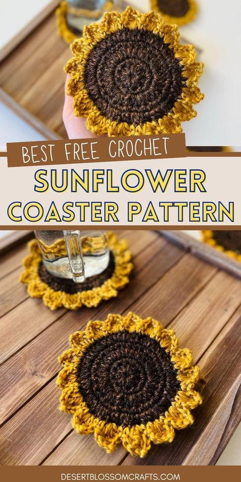 crochet sunflower coasters Crochet Sunflower Coaster Pattern, Crochet Sunflower Coaster, Crochet Flowers Tutorial, Coasters Free Pattern, Diy Crochet Flowers Tutorial, Sunflower Coaster, Sunflower Coasters, Diy Crochet Flowers, Coaster Pattern