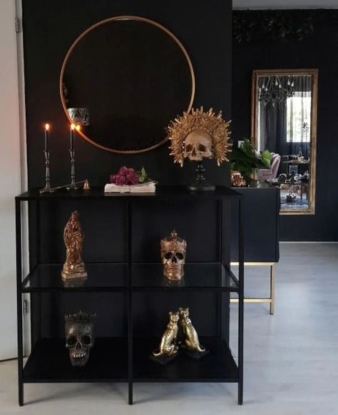 Goth Living Room, Esthetician Room Decor, Skull Collection, Esthetician Room, Dark Home Decor, Goth Home, Goth Home Decor, Dark Interiors, Modern Kitchens