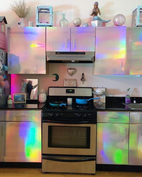 G on Instagram: “My beautiful kitchen @sparklpalace ✨💕🧚‍♀️ Available for custom installs, hit me up in the DM 🌈” Iridescent Decor, Kitchen Remodel With Island, Casa Hobbit, Rainbow Kitchen, Cheap Wall Decor, Cabinet Remodel, Kitchen Remodel Inspiration, Kitchen Remodel Ideas, Remodel Kitchen