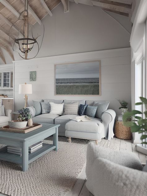 Seaside Flat Decor, Florida Beach Decor, Beach House Style Living Room, Nautical Family Room, Sea Theme Living Room, Modern Beachy Living Room, Coastal Cottage Living Room Ideas, Grey Coastal Living Room, Coastal Bohemian Living Room Ideas