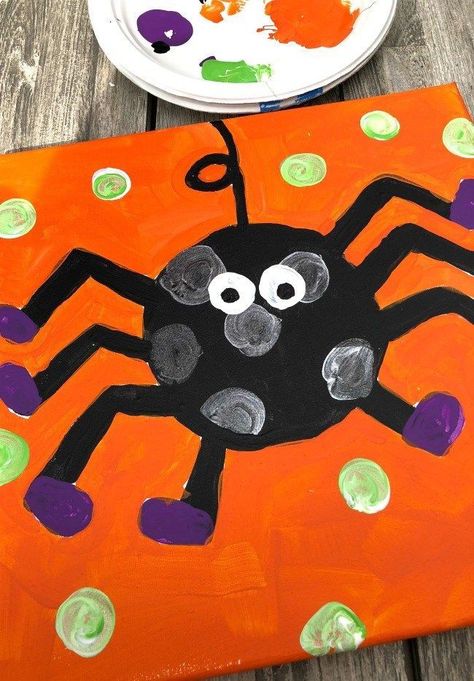 This spider canvas is a super easy painting activity for a workshop or party craft with kids. The steps are so simple and leave room for creativity and style. Painting is such a great form of self expression. Furthermore, it is great form of relaxation. #halloween #halloweencrafts #halloweenactivites #halloweenpaintings #spider Pumpkin Canvas Painting Kids, How To Halloween Paintings On Canvas, Kid Halloween Painting Ideas, Halloween Paintings On Canvas For Kids, Halloween Canvas Paintings Easy Diy, Kids Halloween Canvas Painting, Halloween Artwork For Kids, Kids Halloween Painting Ideas, Halloween Painting Crafts For Kids