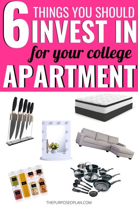 Let's face it, college apartment decorating on a budget can be HARD. I have put together a list of things worth investing in for your first apartment to help you out! Things For College, College Apartment Checklist, Collage Apartment, Apartment Essentials List, College Apartment Kitchen, First College Apartment, Apartment List, My First Apartment, College Bedroom Apartment