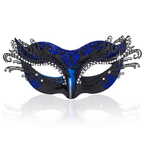 PRICES MAY VARY. BLACK AND ROYAL BLUE MASK - Glitter powder draw the classic Venetian style, combining with the Metal filigree with rhinestone, the women mask is very exquisite and unique. GREAT QUALITY - Crafted from ABS plastic and metal decal pattern, scattered with sparkles and rhinestone. Sturdy but lightweight to wear. ONE SIZE FITS MOST - Mask is secured by an elastic band. Comfortable and wearable. WIDE APPLICATIONS - The new women mask is perfect for masquerade ball, Halloween, venetian Venetian Masks Women, Masquerade Dresses And Mask, Sorority Masquerade Formal, Blue Masquerade Outfit, Blue Mask Masquerade Ball, Masquerade Dress And Mask, Black Masquerade Mask Women, 18th Decorations, New Orleans Masquerade