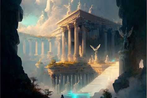 Greek Environment Concept Art, Greek Landscape Art, Greek Mythology Landscape, Mount Olympus Aesthetic, Greek Fantasy Art, Olympus Aesthetic, Ancient Greece Aesthetic, Greek Town, Greece Mythology