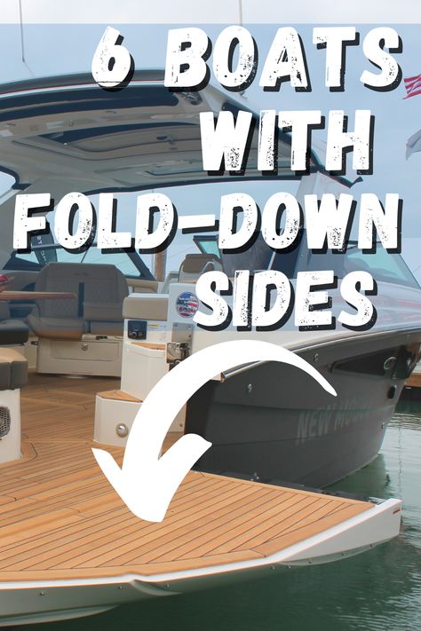 check out 6 boat designs with fold-down sides that expand deck space on Sea Ray, Cruisers, Intrepid, Azimut, Ocean Alexander & Scout Boats #boats #boatdesign #boatbuying #boating Deck Boats, Buy A Boat, Side Deck, Deck Boat, Best Boats, Boat Design, Model Boats, House Boat, Mens Flip Flop