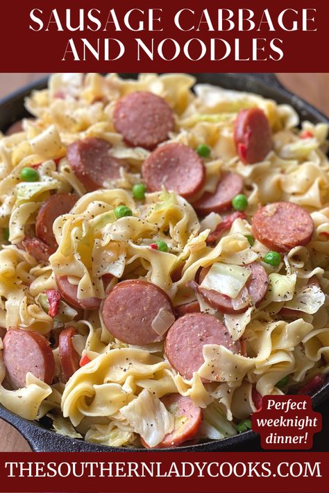 Cabbage With Noodles, New Year's Day Food, Sausage Noodles, Cabbage Noodles, Sausage And Cabbage, Sausage Cabbage, Recipe Cabbage, Cabin Food, Smoked Sausage Pasta