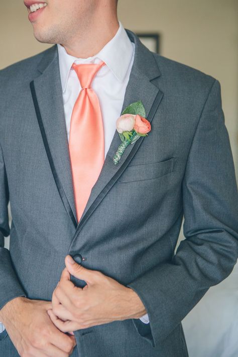 A Pink and Turquoise Rooftop Wedding | Pink Tie for Groom | Ash Forrest, St Louis Wedding Photographer Coral Color Wedding Theme, Coral Boutonniere, Blue And Coral Wedding, Turquoise Coral Weddings, Ranunculus Boutonniere, Color Durazno, Coral Tie, Wedding Dress Hanger, Dress Hanger