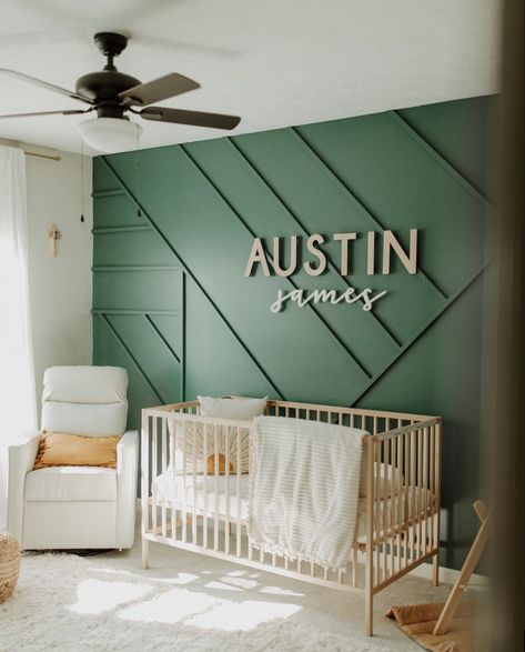 Mod Wood Co Wooden Nursery Name Sign 36" SIZE AUSTIN- daffodil font, natural stain james- magnolia font, white paint Wooden Nursery Name Sign, Magnolia Font, Green Baby Room, Name Sign For Nursery, Nursery Decor Green, Moody Green, Nursery Accent Wall, Wooden Nursery, Green Accent Walls