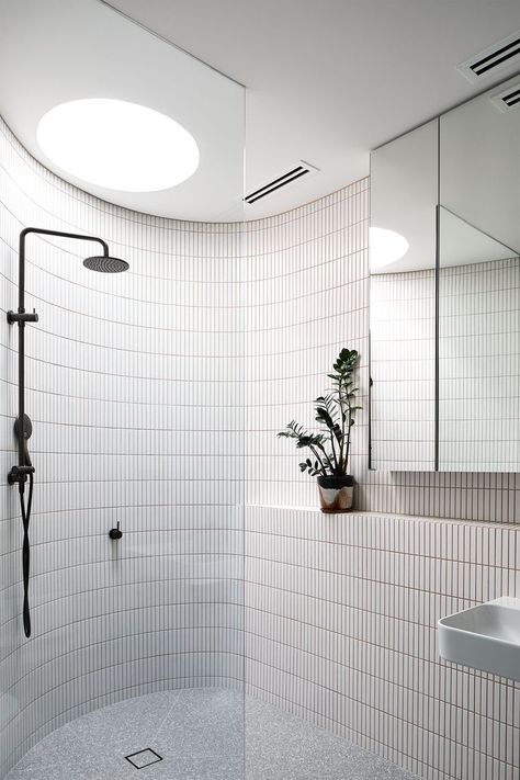 round wall in the shower with finger tiles and a skylight ] Curved Tiled Shower Wall, Curved Wall Shower Ideas, Modern Beach House Bathrooms, Round Shower Ideas, Curved Bathroom Wall, Curved Tile Wall, Bathroom Archway, Curved Wall Bathroom, Curved Skylight