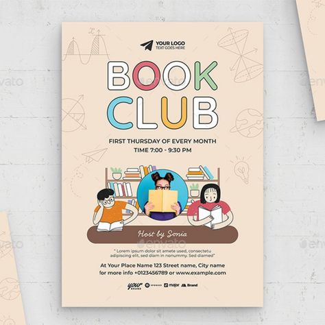 Book Club Flyer Template Book Club Flyer, Logo Mk, Library Events, Logo Graphic Design, Reading Club, Creative Logo Design, Book Clubs, School Clubs, Club Flyers