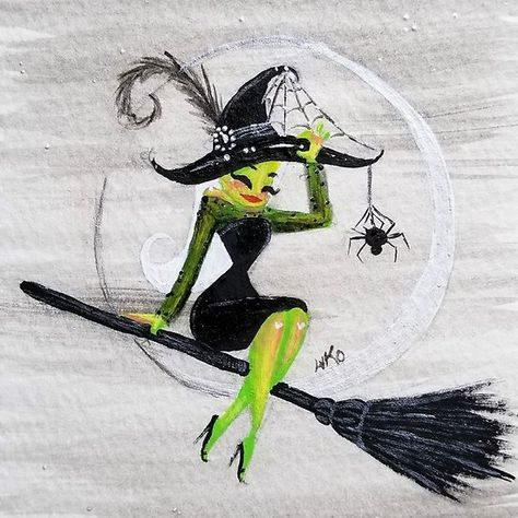 Broom Pose, Broom Drawing, Witch On A Broom, Creepy Creatures, Halloween Green, Witch Drawing, Happy Halloween Witches, Halloween Folk Art, A Broom