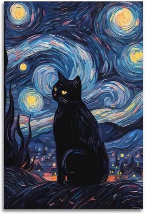 OFITIN Black Cat Poster Starry Night Cat Art Canvas Painting Vintage Bedroom Decor Poster Canvas Art Poster and Wall Art Picture Print Modern Family Bedroom Decor Poster 30.5x : Amazon.de: Home & Kitchen فنسنت فان جوخ, Black Cat Painting, Art Mignon, Arte Van Gogh, Black Cat Art, Soyut Sanat Tabloları, Van Gogh Art, Starry Night Van Gogh, Cat Artwork