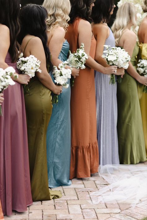 Fall Bridesmaid Color Palette, Bridesmaid Dresses Mismatched Fall, Winter Wildflower Wedding, Early Autumn Wedding, Black Bridesmaid Dress Colorful Flowers, Jewel Tone Wedding Spring, Bridesmaid Dresses Ideas Color Schemes, Fall Wedding Bridal Party, Autumn Bridesmaid Dresses