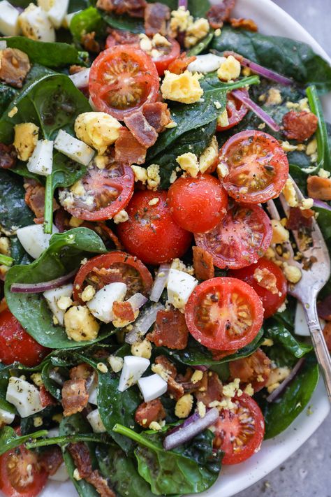 Spinach Salad With Bacon, Kalefornia Kravings, Bacon Egg Salad, Salad Dressing Bottles, Juicy Tomatoes, Spinach Salad, Kale Salad, Bacon Egg, Egg Salad