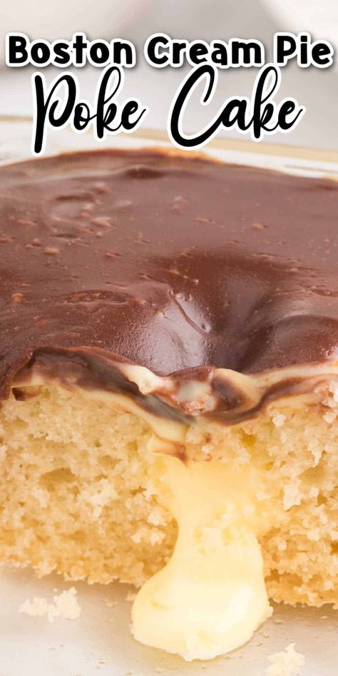 Boston Cream Poke Cake Recipe, Cake Mix Homemade, Boston Cream Pie Poke Cake, Easy Poke Cake, Boston Cream Pie Cake, Boston Creme Pie, Cream Poke Cake, Boston Cream Poke Cake, Pond Cake