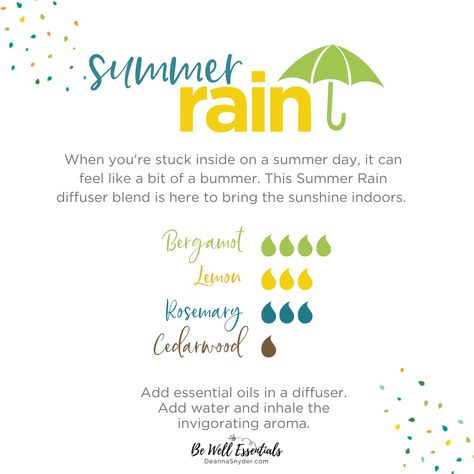 When you're stuck inside on a summer day, it can feel like a bit of a bummer. This Summer Rain diffuser blend is here to bring the sunshine indoors. Your space will feel like a sunny paradise, even if you may be stuck doing chores or working from home.  ☀️☔️ Summer Rain  - 4 drops Bergamot - 3 drops Lemon - 3 drops Rosemary - 1 drop Cedarwood  So, next time you're feeling a bit bummed out, about being indoors on a gorgeous day, just start up your diffuser and let the summer vibes flow. Summer Rain Diffuser Blend, Rainy Day Diffuser Blends Young Living, Rainy Day Diffuser Blend, Rain Diffuser Blend, Rain Diffuser, Diffuser Blends Young Living, Doing Chores, Essential Oil Diffuser Recipes, Oil Diffuser Recipes