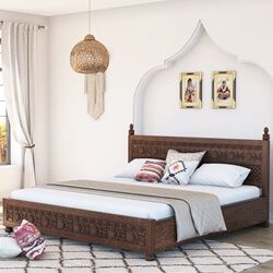 Newari Rustic Solid Wood Traditional Hand-Carved Platform Bed Hand Carved Headboard, Tall Bed Frame, Carved Headboard, King Size Platform Bed, Bed Dresser, Wood Bed Design, Dresser Cabinet, White Bed Frame, Wood Platform Bed Frame