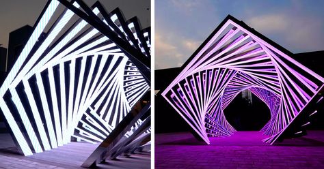 New media artist Yang Minha recently completed work on this dizzying light tunnel installed outside the main gate of Le Méridien Seoul in South Korea. Titled Accumulation, the piece is comprised of rotating square panels that display an ongoing sequence of 6 geometric patterns based on six concepts: Square Installation, Event Entrance, Selfie Wall, Light Tunnel, Concept Models Architecture, Future Buildings, Exhibition Stall, Urban Lighting, Origami Paper Art