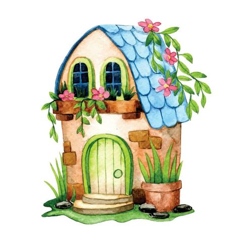 cute flower house, watercolor drawing with fairy house in flower garden Fairy House Drawing, House Tattoo, House Watercolor, Watercolour Ideas, Flower House, Art Stone, Home Tattoo, Fantasy Paintings, House Drawing