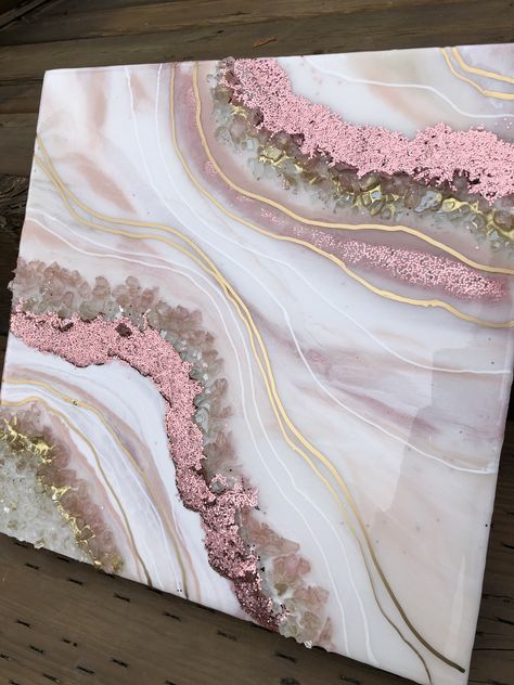 Seni Resin, Resin Geode, Resin Art Painting, Geode Art, Resin Wall Art, Canvas For Beginners, Acrylic Pouring Art, Blush Gold, Epoxy Resin Art