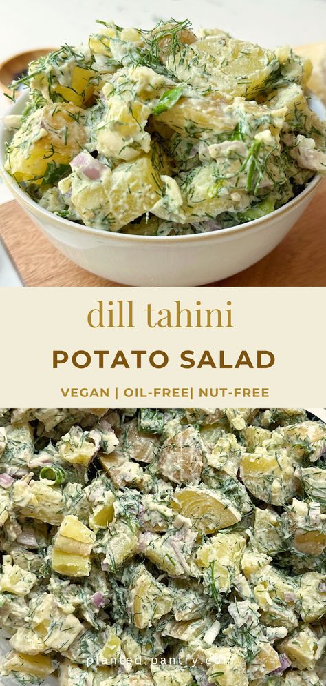 This vegan Dill Potato Salad is the perfect fresh side dish. It's packed with flavor and completely oil-free and gluten-free, too. Wfpb Potluck Recipes, Vegan Potato Salad No Mayo, Vegan Dill Potato Salad, Cream Cheese Potato Salad, Vegan Pea Salad, Asian Potato Salad, Vegan Dill Recipes, Easy Vegan Potluck Recipes, Vegan Oil Free Recipes