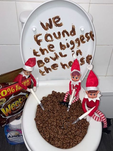 Elf On The Shelf Toilet Bowl Cereal, Elf Cereal, Elf On The Shelf Toilet, Shelf Toilet, Eating Cereal, Elf Activities, Elf Fun, Elf Ideas, Shelf Ideas