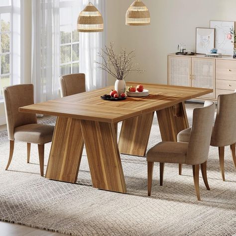 This wood dining table has a spacious 71" x 35" surface and can comfortably seat up to 6-8 people. It's perfect for intimate family meals and lively gatherings with friends, ensuring everyone has their own space while dining.Not only for dining, this piece can also serve as a breakfast table, coffee table, living room table, casual tea table, or even an outdoor dining table. Its charming vintage look exudes warmth and coziness, creating a welcoming atmosphere for your family and friends to gathe Wooden Dinner Table Design, Wood Dining Table Farmhouse, Kitchen Table For 6, Table For 6 People, Dining Table Farmhouse, Farmhouse Kitchen Table, Grande Table A Manger, Kitchen Table Wood, Farmhouse Kitchen Tables