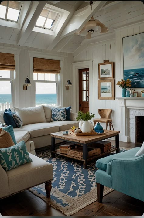 Seaside Living Room, Southern Coastal Homes Interiors, Nantucket Cottage Interiors, Sims 4 Brindleton Bay, Cozy Game Room, Small Coastal Living Room, Cozy Coastal Living Room, Thomas Kretschmann, Coastal Cottage Living Room