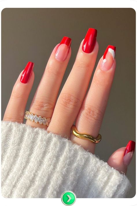 Bright red nails with a candy cane accent nail create a whimsical holiday look for classy simple Christmas nails. Ideal for adding playful seasonal charm. Candy Cane Accent Nail, Red Tip Christmas Nails, Simple Christmas Nail Ideas, Simple Christmas Nail Designs, Simple Christmas Nail, Simple Christmas Nails, Christmas Nail Ideas, Bright Red Nails, Accent Nail