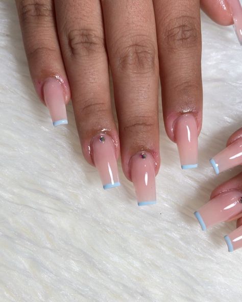 Blue And Nude Nail Designs, Nude Blue Nails, Nude And Blue Nails, Square Oval Nails, Baby Blue Nails, Short Coffin, Nude Nail Designs, Blue Tips, Short Coffin Nails