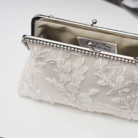 "A sneak peek for our lovely bride Jane." Handmade White Clutch For Wedding, White Clutch With Pearl Handle For Receptions, Elegant White Handmade Clutch, Pearl White Wedding Clutch Bag, Vintage White Clutch For Party, Diy Clutch Bag, Bridal Clutch Purse, Wedding Clutch Purse, Bride Bag