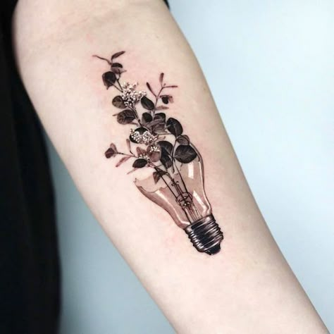 Blooming lightbulb teacher tattoo by @tattooeunb Teacher Tattoo, Teacher Tattoos, Lightbulb Tattoo, Globe Tattoos, Korean Tattoo Artist, Inner Bicep Tattoo, Leave A Legacy, Like A Tattoo, Light Tattoo