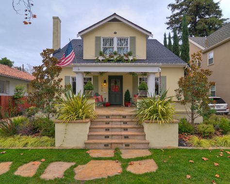 Yellow Stucco Exterior Design, Pictures, Remodel, Decor and Ideas Exterior Steps, Yellow House Exterior, Craftsman Colors, Best Exterior House Paint, Exterior Color Combinations, Front Landscape, Shutter Colors, Best Exterior Paint, House Paint Color Combination