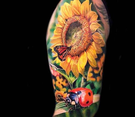 Sunflower and Ladybird, perfect full colors realistic tattoo style done by artist Lena Art | Post 26749 | World Tattoo Gallery - Best place to Tattoo Arts Tattoo 3d Realistic, Tatuajes Full Color, Tato Phoenix, Sunflower Tattoo Meaning, Natur Tattoo Arm, Best 3d Tattoos, Ladybug Tattoo, Sunflower Tattoo Sleeve, Sunflower Tattoo Shoulder