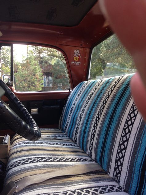 1970 Sweptline interior ( Kustom ) Mexican Blanket Seat Cover Mexican Blanket Aesthetic, Boho Truck Interior, Car Seat Cover Blanket, Mexican Blanket Car Interior, Bench Seat Covers Truck, Bench Seat Truck Interior, Country Truck Interior Ideas, Head Liner Ideas For Trucks, Cool Truck Interior Ideas