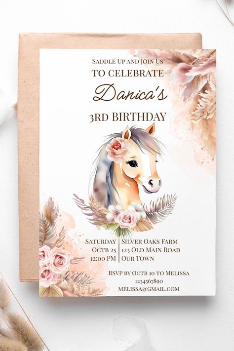 Saddle up horses cowgirl birthday party template invitation instant download boho pampas grass Horse Party Invitations, Birthday Party Template, Flower Birthday Party, Baby Horse, Pastel Brown, Pony Birthday Party, Horse Flowers, Horse Birthday Parties, Cowgirl Birthday Party