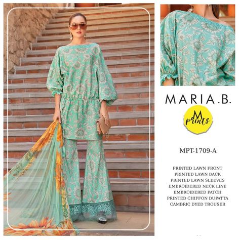 *Maria b eid luxury lawn collection 2023* *printed lawn front with heavy embroidered sequence work on neck patch and Daman Patch * *printed lawn back* *printed lawn sleeves & Embroidered Patch* *chiffon printed dupatta* *cambric Printed trouser* Fabric detail; Shirt     : *90×70/80×60*  Dupp    : *chiffon 19 pick* Trouser: *70×72/40×52* *Available now* Maria B Lawn 2023, Green Semi-stitched Lawn Suit With Resham Embroidery, Semi-stitched Lawn Suit With Resham Embroidery, Pakistani Branded Dresses Lawn, Maria B Lawn, Maria B Lawn Collection 2022, Maria B, Printed Trousers, Print Chiffon